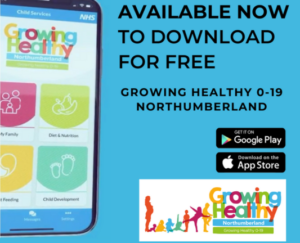 Growing Healthy 0-19 Northumberland logo on a mobile phone