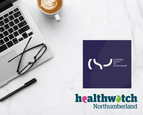 Laptop and coffee cup with CSP and Healthwatch logos