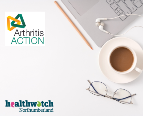 Arthritis Action logo, laptop, cup of coffee and reading glasses