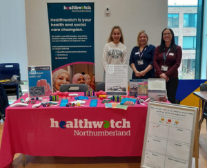 Healthwatch Northumberland staff and student volunteer at QEHS Freshers Fair 2023